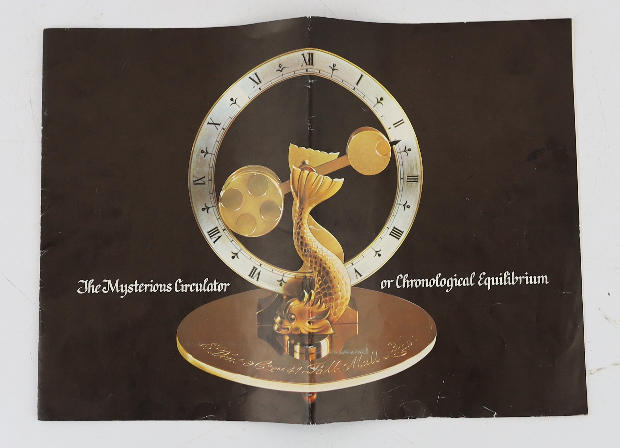 A Mysterious Circulator Mystery Clock by E. Dent & Co. Ltd., London otherwise known as the Chronological Equilibrium, c.1975, 22cm wide, 15cm deep, 23cm high